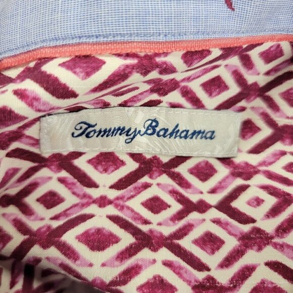 Tommy Bahama XL Button Front Red Geometric Print Silk Shirt Tropical Vacation - Picture 4 of 8